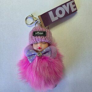 Cute Baby Sleeping Keychain with LOVE tag, Plush rabbit fur, Bag Charm,